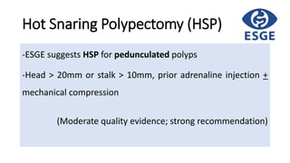 Hot Snaring Polypectomy (HSP)
-ESGE suggests HSP for pedunculated polyps
-Head > 20mm or stalk > 10mm, prior adrenaline injection +
mechanical compression
(Moderate quality evidence; strong recommendation)
 