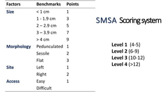 SMSA Scoringsystem
Factors Benchmarks Points
Size < 1 cm 1
1 - 1.9 cm 3
2 – 2.9 cm 5
3 – 3.9 cm 7
> 4 cm 9
Morphology Pedunculated 1
Sessile 2
Flat 3
Site Left 1
Right 2
Access Easy 1
Difficult
Level 1 (4-5)
Level 2 (6-9)
Level 3 (10-12)
Level 4 (>12)
 