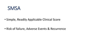SMSA
• Simple, Readily Applicable Clinical Score
• Risk of failure, Adverse Events & Recurrence
 