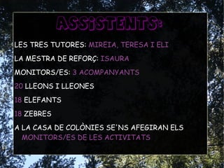 ASSISTENTS:
LES TRES TUTORES: MIREIA, TERESA I ELI
LA MESTRA DE REFORÇ: ISAURA
MONITORS/ES: 3 ACOMPANYANTS
20 LLEONS I LLEONES
18 ELEFANTS
18 ZEBRES
A LA CASA DE COLÒNIES SE'NS AFEGIRAN ELS
MONITORS/ES DE LES ACTIVITATS
 