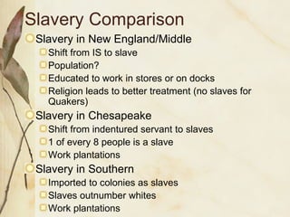 Slavery Comparison Slavery in New England/Middle Shift from IS to slave Population? Educated to work in stores or on docks Religion leads to better treatment (no slaves for Quakers) Slavery in Chesapeake Shift from indentured servant to slaves 1 of every 8 people is a slave Work plantations Slavery in Southern Imported to colonies as slaves Slaves outnumber whites Work plantations 