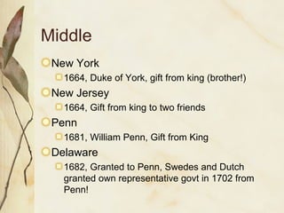 Middle  New York 1664, Duke of York, gift from king (brother!) New Jersey 1664, Gift from king to two friends Penn 1681, William Penn, Gift from King Delaware 1682, Granted to Penn, Swedes and Dutch granted own representative govt in 1702 from Penn! 