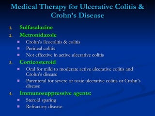 Medical Therapy for Ulcerative Colitis & Crohn’s Disease <ul><li>Sulfasalazine </li></ul><ul><li>Metronidazole </li></ul><...