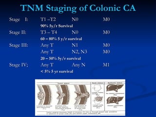 TNM Staging of Colonic CA <ul><li>Stage I: T1 –T2 N0 M0 </li></ul><ul><li>90% 5y/r Survival </li></ul><ul><li>Stage II: T3...