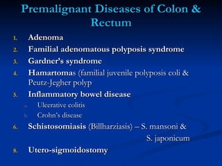 Premalignant Diseases of Colon & Rectum <ul><li>Adenoma </li></ul><ul><li>Familial adenomatous polyposis syndrome </li></u...
