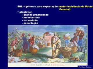 NORTE	 = mercado interno (menor incidência do Pacto Colonial)* pouco interesse da Coroa (clima parecido)	* pequena propriedade	* indústria = burguesia e assalariamento	* comércio triangularProf. Caco Cardozo