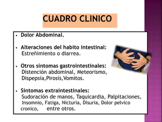 • Dolor Abdominal.
• Alteraciones del habito intestinal:
Estreñimiento o diarrea.
• Otros síntomas gastrointestinales:
Distención abdominal, Meteorismo,
Dispepsia,Pirosis,Vomitos.
• Síntomas extraintestinales:
Sudoración de manos, Taquicardia, Palpitaciones,
Insomnio, Fatiga, Nicturia, Disuria, Dolor pelvico
cronico, entre otros.
 
