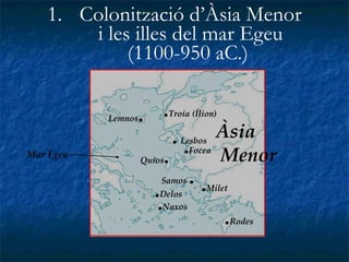 Colonització d’Àsia Menor i les illes del mar Egeu (1100-950 aC.)  Àsia Menor . Rodes . Milet .   Lesbos . Focea . Troia (Ílion) Samos  . Quios . . Delos Lemnos . Mar Egeu . Naxos 