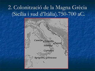 2. Colonització de la Magna Grècia  (Sicília i sud d’Itàlia).750-700 aC. . Siracusa . Neàpolis . Tarent Síbaris . Agrigent . Cumes . Crotona . 