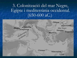3. Colonització del mar Negre, Egipte i mediterrània occidental. (650-600 aC.)  Mar Negre Egipte Mediterrània  occidental Bizanci . Òlbia . . Quersonès . Trapezunt Sinope . Nàucratis . Cirene . Rhode . . Empòrion . Massàlia 