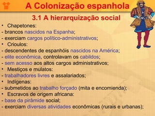 A Colonização espanhola
             3.1 A hierarquização social
• Chapetones:
- brancos nascidos na Espanha;
- exerciam cargos político-administrativos;
• Crioulos:
- descendentes de espanhóis nascidos na América;
- elite econômica, controlavam os cabildos;
- sem acesso aos altos cargos administrativos;
• Mestiços e mulatos:
- trabalhadores livres e assalariados;
• Indígenas:
- submetidos ao trabalho forçado (mita e encomienda);
• Escravos de origem africana:
- base da pirâmide social;
- exerciam diversas atividades econômicas (rurais e urbanas);
 