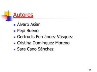 16 
Autores 
Álvaro Asían 
Pepi Bueno 
Gertrudis Fernández Vásquez 
Cristina Domínguez Moreno 
Sara Cano Sánchez 
