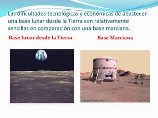 Las dificultades tecnológicas y económicas de abastecer
una base lunar desde la Tierra son relativamente
sencillas en comparación con una base marciana.
Base lunar desde la Tierra Base Marciana
 