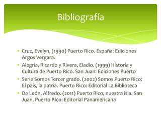 Bibliografía

Cruz, Evelyn. (1990) Puerto Rico. España: Ediciones
Argos Vergara.
Alegría, Ricardo y Rivera, Eladio. (1999) Historia y
Cultura de Puerto Rico. San Juan: Ediciones Puerto
Serie Somos Tercer grado. (2002) Somos Puerto Rico:
El país, la patria. Puerto Rico: Editorial La Biblioteca
De León, Alfredo. (2011) Puerto Rico, nuestra isla. San
Juan, Puerto Rico: Editorial Panamericana

 