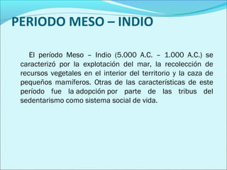PERIODO MESO – INDIO 
El período Meso – Indio (5.000 A.C. – 1.000 A.C.) se 
caracterizó por la explotación del mar, la recolección de 
recursos vegetales en el interior del territorio y la caza de 
pequeños mamíferos. Otras de las características de este 
período fue la adopción por parte de las tribus del 
sedentarismo como sistema social de vida. 
 