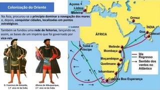 Colonização do Oriente
Na Ásia, procurou-se a princípio dominar a navegação dos mares
e, depois, conquistar cidades, localizadas em pontos
estratégicos.
Também se fundou uma rede de feitorias, lançando-se,
assim, as bases de um império que foi governado por
vice-reis.
D. Francisco de Almeida,
1.º vice-rei da Índia
Afonso de Albuquerque,
2.º vice-rei da Índia
 