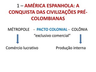 1 – AMÉRICA ESPANHOLA: A
CONQUISTA DAS CIVILIZAÇÕES PRÉ-
COLOMBIANAS
MÉTROPOLE - PACTO COLONIAL - COLÔNIA
“exclusivo comercial”
Comércio lucrativo Produção interna
 