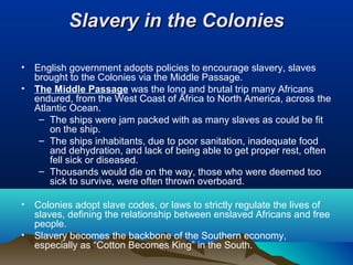 Slavery in the ColoniesSlavery in the Colonies
• English government adopts policies to encourage slavery, slaves
brought to the Colonies via the Middle Passage.
• The Middle Passage was the long and brutal trip many Africans
endured, from the West Coast of Africa to North America, across the
Atlantic Ocean.
– The ships were jam packed with as many slaves as could be fit
on the ship.
– The ships inhabitants, due to poor sanitation, inadequate food
and dehydration, and lack of being able to get proper rest, often
fell sick or diseased.
– Thousands would die on the way, those who were deemed too
sick to survive, were often thrown overboard.
• Colonies adopt slave codes, or laws to strictly regulate the lives of
slaves, defining the relationship between enslaved Africans and free
people.
• Slavery becomes the backbone of the Southern economy,
especially as “Cotton Becomes King” in the South.
 
