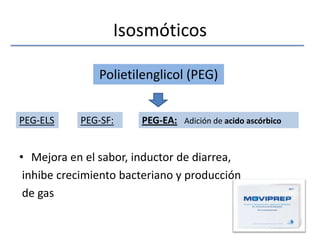 IsosmóticosMejora en el sabor, inductor de diarrea, inhibe crecimiento bacteriano y producción de gasPolietilenglicol (PEG)PEG-ELSPEG-SF:PEG-EA:Adición de acido ascórbico