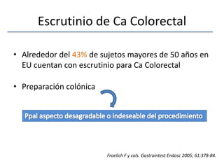 Escrutinio de Ca ColorectalAlrededor del 43%de sujetos mayores de 50 años en EU cuentan con escrutinio para Ca ColorectalPreparación colónicaPpal aspecto desagradable o indeseable del procedimientoFroelich F y cols. GastrointestEndosc 2005; 61:378-84.