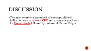 The most common determined colonoscopy clinical
indication was to rule out CRC and diagnostic yield was
for Hemorrhoids followed by Colorectal Ca and Polyps.
 