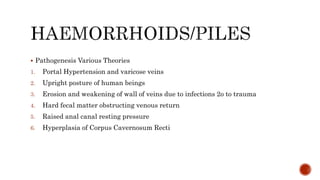  Pathogenesis Various Theories
1. Portal Hypertension and varicose veins
2. Upright posture of human beings
3. Erosion and weakening of wall of veins due to infections 2o to trauma
4. Hard fecal matter obstructing venous return
5. Raised anal canal resting pressure
6. Hyperplasia of Corpus Cavernosum Recti
 