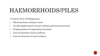  Current View of Pathogenesis
1. Shearing forces acting on anus
2. Caudal displacement of anal cushions and mucosal trauma
3. Fragmentation of supporting structures
4. Loss of elasticity of anal cushions
5. Loss of retraction of anal cushions
 