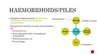  Symptoms Approximately 40 percent of
individuals with hemorrhoids are
asymptomatic.
 Symptomatic patients usually seek treatment
for
 Hematochezia,
 Pain associated with a thrombosed
hemorrhoid,
 Perianal pruritus, or
 Fecal soilage.
 