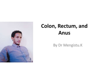 Colon, Rectum, and
Anus
By Dr Mengistu.K
 