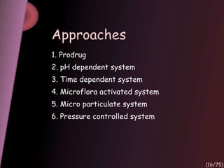 Approaches
1. Prodrug
2. pH dependent system
3. Time dependent system
4. Microflora activated system
5. Micro particulate system
6. Pressure controlled system
(16/75)
 