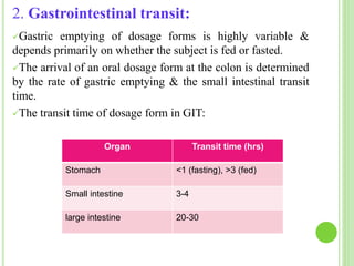 2. Gastrointestinal transit:
Gastric emptying of dosage forms is highly variable &
depends primarily on whether the subject is fed or fasted.
The arrival of an oral dosage form at the colon is determined
by the rate of gastric emptying & the small intestinal transit
time.
The transit time of dosage form in GIT:
Organ Transit time (hrs)
Stomach <1 (fasting), >3 (fed)
Small intestine 3-4
large intestine 20-30
 