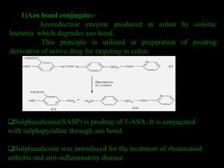 1)Azo bond conjugate:-
Azoreductase enzyme produced in colon by colonic
bacteria which degrades azo bond.
This principle is utilized in preparation of prodrug
derivative of active drug for targeting in colon.
Sulphasalazine(SASP) is prodrug of 5-ASA. It is conjugated
with sulphapyridine through azo bond.
Sulphasalazine was introduced for the treatment of rheumatoid
arthritis and anti-inflammatory disease.
 