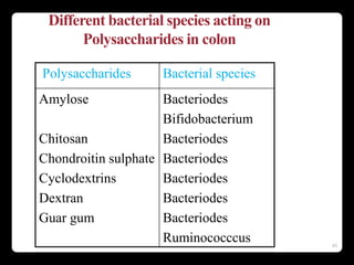 49
Different bacterial species acting on
Polysaccharides in colon
Polysaccharides Bacterial species
Amylose
Chitosan
Chondroitin sulphate
Cyclodextrins
Dextran
Guar gum
Bacteriodes
Bifidobacterium
Bacteriodes
Bacteriodes
Bacteriodes
Bacteriodes
Bacteriodes
Ruminococccus
 