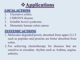 Applications
LOCALACTIONS
1. Ulcerative colitis.
2. CHRON'S disease.
3. Irritable bowel syndrome.
4. Metastatic human colon cancer.
SYSTEMIC ACTIONS
1. Molecules degraded/poorly absorbed from upper G.I.T
such as peptides and proteins are better absorbed from
colon.
2. For achieving chemotherapy for diseases that are
sensitive to circadian rhythm such as Asthma, angina,
arthritis.
 
