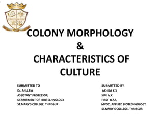 COLONY MORPHOLOGY
&
CHARACTERISTICS OF
CULTURE
SUBMITTED TO SUBMITTED BY
Dr. ANU.P.A AKHILA K.S
ASSISTANT PROFESSOR, SIMI V.K
DEPARTMENT OF BIOTECHNOLOGY FIRST YEAR,
ST.MARY’S COLLEGE, THRISSUR MVOC. APPLIED BIOTECHNOLOGY
ST.MARY’S COLLEGE, THRISSUR
 
