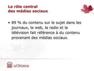 Le rôle central
des médias sociaux
• 89 % du contenu sur le sujet dans les
journaux, le web, la radio et la
télévision fait référence à du contenu
provenant des médias sociaux.
 