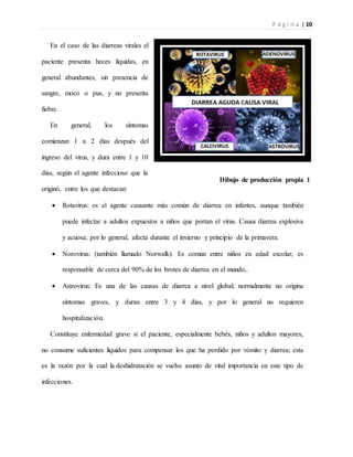 P á g i n a | 10
En el caso de las diarreas virales el
paciente presenta heces líquidas, en
general abundantes, sin presencia de
sangre, moco o pus, y no presenta
fiebre.
En general, los síntomas
comienzan 1 a 2 días después del
ingreso del virus, y dura entre 1 y 10
días, según el agente infeccioso que la
originó, entre los que destacan:
 Rotavirus: es el agente causante más común de diarrea en infantes, aunque también
puede infectar a adultos expuestos a niños que portan el virus. Causa diarrea explosiva
y acuosa; por lo general, afecta durante el invierno y principio de la primavera.
 Norovirus: (también llamado Norwalk). Es común entre niños en edad escolar, es
responsable de cerca del 90% de los brotes de diarrea en el mundo,.
 Astrovirus: Es una de las causas de diarrea a nivel global; normalmente no origina
síntomas graves, y duran entre 3 y 4 días, y por lo general no requieren
hospitalización.
Constituye enfermedad grave si el paciente, especialmente bebés, niños y adultos mayores,
no consume suficientes líquidos para compensar los que ha perdido por vómito y diarrea; esta
es la razón por la cual la deshidratación se vuelve asunto de vital importancia en este tipo de
infecciones.
Dibujo de producción propia 1
 