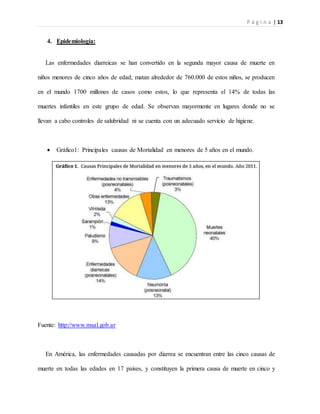 P á g i n a | 13
4. Epidemiologia:
Las enfermedades diarreicas se han convertido en la segunda mayor causa de muerte en
niños menores de cinco años de edad; matan alrededor de 760.000 de estos niños, se producen
en el mundo 1700 millones de casos como estos, lo que representa el 14% de todas las
muertes infantiles en este grupo de edad. Se observan mayormente en lugares donde no se
llevan a cabo controles de salubridad ni se cuenta con un adecuado servicio de higiene.
 Gráfico1: Principales causas de Mortalidad en menores de 5 años en el mundo.
Fuente: http://www.msal.gob.ar
En América, las enfermedades causadas por diarrea se encuentran entre las cinco causas de
muerte en todas las edades en 17 países, y constituyen la primera causa de muerte en cinco y
 
