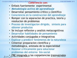 COLOQUIO SOBRE EL USO DEL ESPACIO VIRTUAL DE LA UACH

19 DE SEPTIEMBRE 2012

Coherencia con:
• Enfasis fuertemente experimental
• Metodologia activa de aprendizaje
• Desarrollar pensamiento critico y cientifico
• Consciencia en la construccion del aprendizaje
• Romper con la separacion de practica, teoria y
resolucion de problemas
• Proceso de investigacion dirigido, sintesis para
obtener productos
• Se incluye reflexion y analisis metacognitivos
• Desarrollar habilidades de pensamiento
• Actividades conjugadas e integrativas
• Explicar y predecir fenómenos de la naturaleza
• Cimentar preparacion cientifica y
metodologica, antesala de la especialidad
• Razonar criticamente para solucionar
problemas del entorno bio-social
• FBE integrada a las competencias M. en C. Jonás Torres
transversales
M. en C. Ana María Sánchez Romero
y

 
