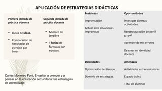 APLICACIÓN DE ESTRATEGIAS DIDÁCTICAS
Primera jornada de
práctica docente
Segunda jornada de
práctica docente
 Lluvia de ideas.
 Comparación de
Resultados de
ejercicio por
binas
 Muñeco de
jengibre
 Técnica de
fórmulas por
equipos.
Fortalezas
Improvisación
Actuar ante situaciones
imprevistas
Oportunidades
Investigar diversas
actividades.
Reestructuración de perfil
grupal
Aprender de mis errores
De crear mi identidad
docente
Debilidades
Optimización del tiempo.
Dominio de estrategias.
Amenazas
Actividades extracurriculares.
Espacio áulico
Total de alumnos
Carles Monereo Font, Enseñar a prender y a
pensar en la educación secundaria: las estrategias
de aprendizaje
 