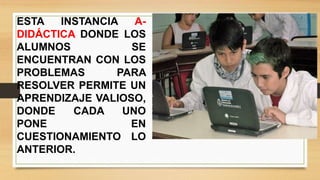 ESTA INSTANCIA A-
DIDÁCTICA DONDE LOS
ALUMNOS SE
ENCUENTRAN CON LOS
PROBLEMAS PARA
RESOLVER PERMITE UN
APRENDIZAJE VALIOSO,
DONDE CADA UNO
PONE EN
CUESTIONAMIENTO LO
ANTERIOR.
 