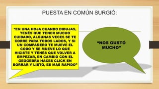 PUESTA EN COMÚN SURGIÓ:
“EN UNA HOJA CUANDO DIBUJAS,
TENÉS QUE TENER MUCHO
CUIDADO, ALGUNAS VECES SE TE
CORRE PARA TODOS LADOS, Y SI
UN COMPAÑERO TE MUEVE EL
CODO Y SE MUEVE LO QUE
HICISTE Y TENÉS QUE VOLVER A
EMPEZAR, EN CAMBIO CON EL
GEOGEBRA HACES CLICK EN
BORRAR Y LISTO, ES MÁS RÁPIDO”
“NOS GUSTÓ
MUCHO”
 