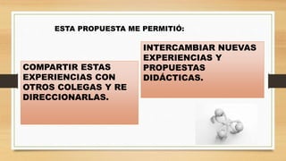 COMPARTIR ESTAS
EXPERIENCIAS CON
OTROS COLEGAS Y RE
DIRECCIONARLAS.
INTERCAMBIAR NUEVAS
EXPERIENCIAS Y
PROPUESTAS
DIDÁCTICAS.
ESTA PROPUESTA ME PERMITIÓ:
 