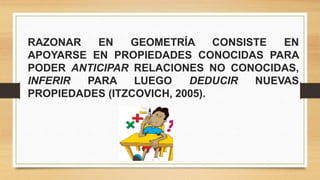 RAZONAR EN GEOMETRÍA CONSISTE EN
APOYARSE EN PROPIEDADES CONOCIDAS PARA
PODER ANTICIPAR RELACIONES NO CONOCIDAS,
INFERIR PARA LUEGO DEDUCIR NUEVAS
PROPIEDADES (ITZCOVICH, 2005).
 