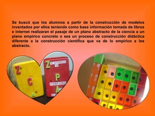 Se buscó que los alumnos a partir de la construcción de modelos inventados por ellos teniendo como base información tomada de libros e internet realizaran el pasaje de un plano abstracto de la ciencia a un plano empírico concreto o sea un proceso de construcción didáctica diferente a la construcción científica que va de lo empírico a los abstracto.  