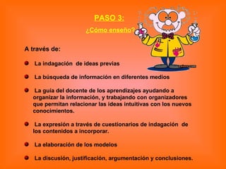 PASO 3:   ¿ Cómo enseño ? A través de:  La indagación  de ideas previas La búsqueda de información en diferentes medios La guía del docente de los aprendizajes ayudando a organizar la información, y trabajando con organizadores que permitan relacionar las ideas intuitivas con los nuevos conocimientos. La expresión a través de cuestionarios de indagación  de los contenidos a incorporar.  La elaboración de los modelos La discusión, justificación, argumentación y conclusiones. 