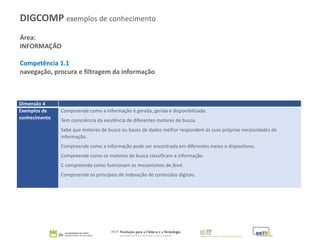 Área:
INFORMAÇÃO
Competência 1.1
navegação, procura e filtragem da informação
DIGCOMP exemplos de conhecimento
Dimensão 4
Exemplos de
conhecimento
Compreende como a informação é gerada, gerida e disponibilizada.
Tem consciência da existência de diferentes motores de busca.
Sabe que motores de busca ou bases de dados melhor respondem às suas próprias necessidades de
informação.
Compreende como a informação pode ser encontrada em diferentes meios e dispositivos.
Compreende como os motores de busca classificam a informação.
C compreende como funcionam os mecanismos de feed.
Compreende os princípios de indexação de conteúdos digitais.
 