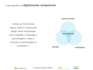 “utilizar as TIC de forma
segura, crítica e criativa para
atingir metas relacionadas
com o trabalho, o emprego, a
aprendizagem, o lazer, a
inclusão e a participação na
sociedade” [2]
o que significa ser digitalmente competente
conhecimentos
habilidadesatitudes
competência
 