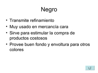 Negro Transmite refinamiento Muy usado en mercancía cara Sirve para estimular la compra de productos costosos Provee buen fondo y envoltura para otros colores 