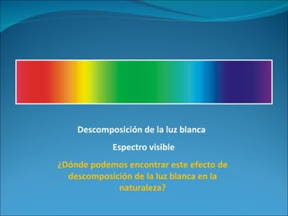 Descomposición de la luz blanca  Espectro visible ¿Dónde podemos encontrar este efecto de descomposición de la luz blanca en la naturaleza? 